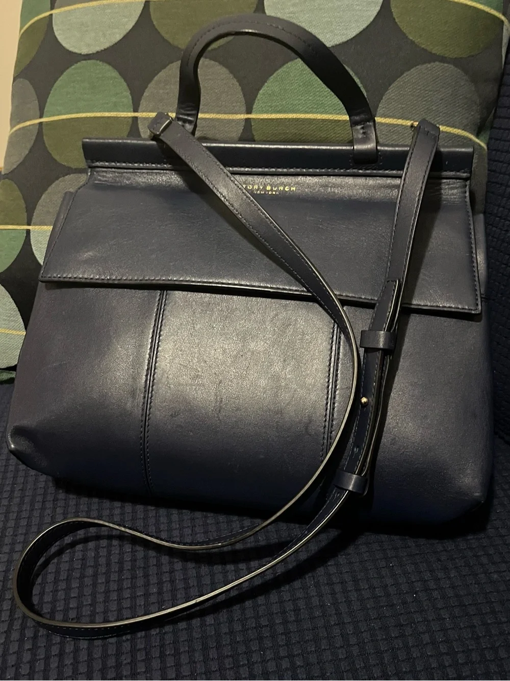 Tory Burch Navy Leather Structured Top-Handle Purse.